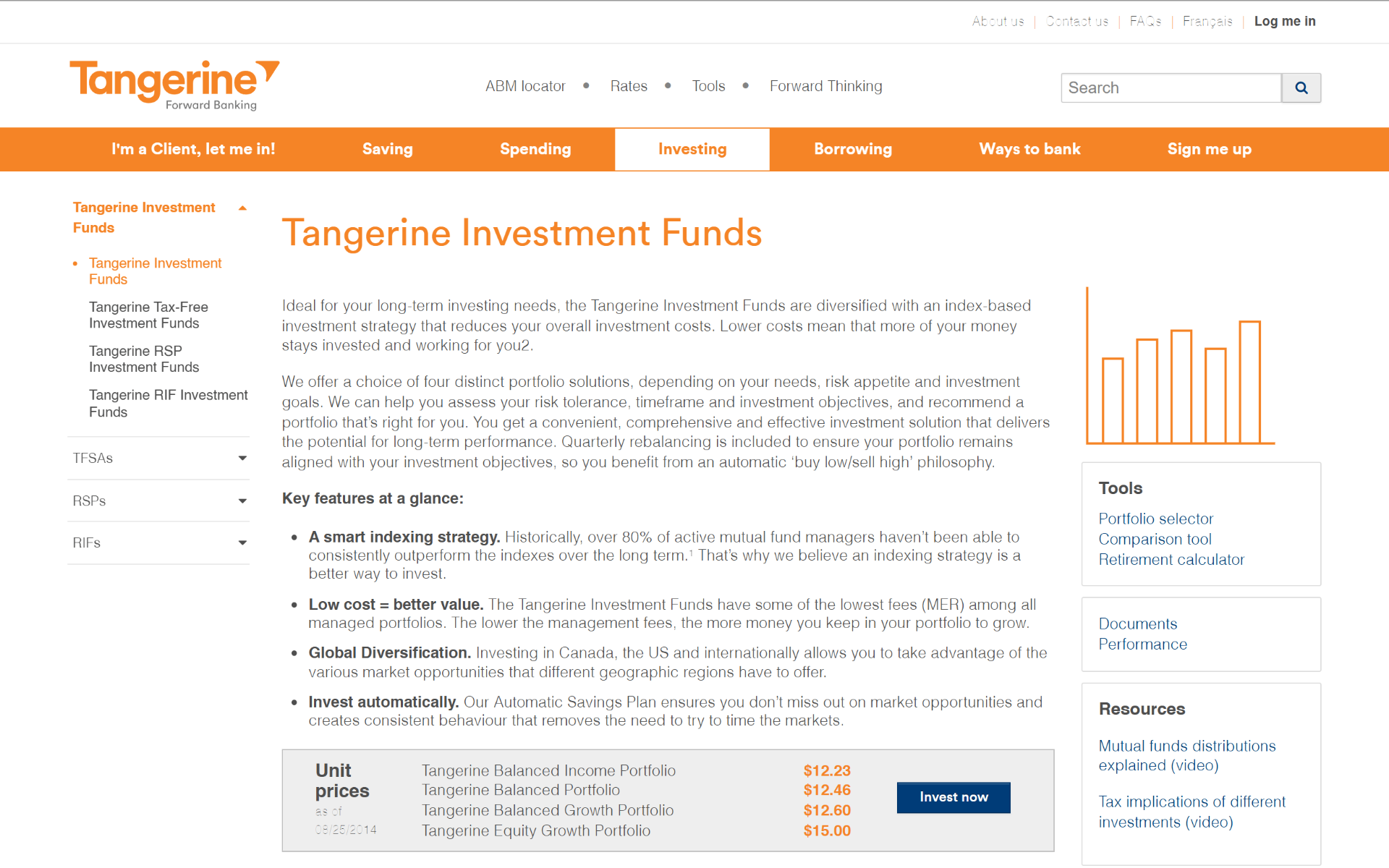 Top portion of an earlier Tangerine Investment Funds public webpage showing dense product information, fund navigation, account choices, investment details, and regulatory content.