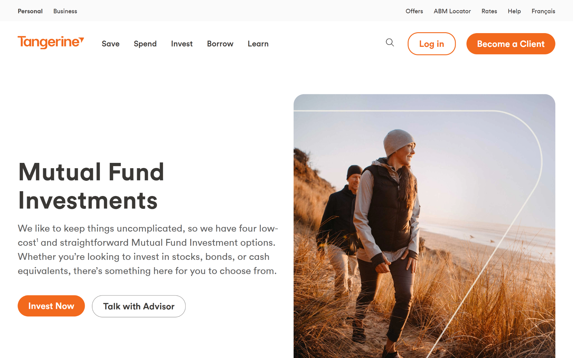 Top portion of the contemporary Tangerine Mutual Fund Investments webpage showing modular portfolio choices, clearer customer pathways, educational content, and modern digital investment navigation.