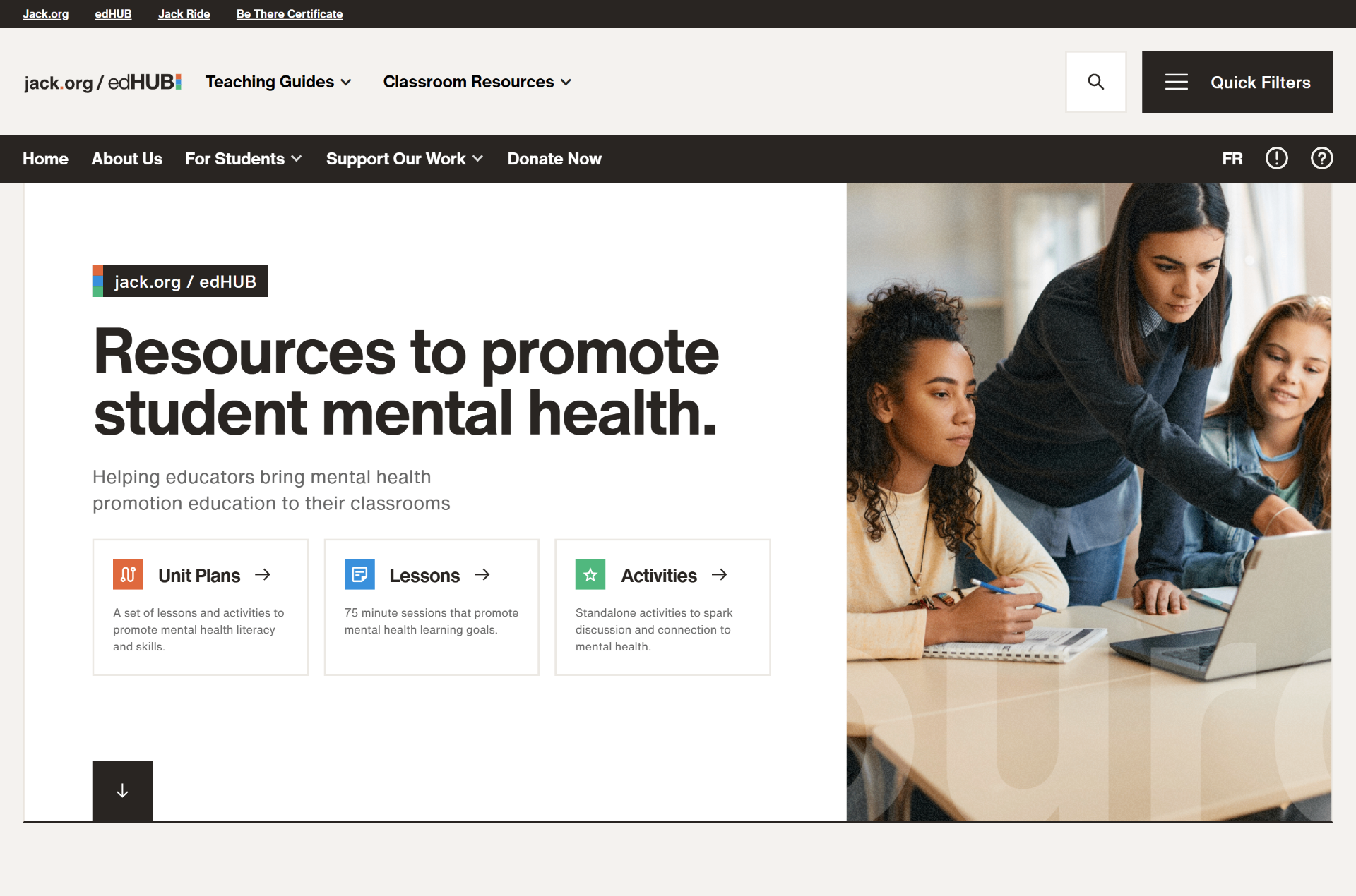 Top-of-page preview of the current public edHUB experience at edhub.jack.org, showing the classroom mental-health resource hub header, hero, and resource-type entry points.