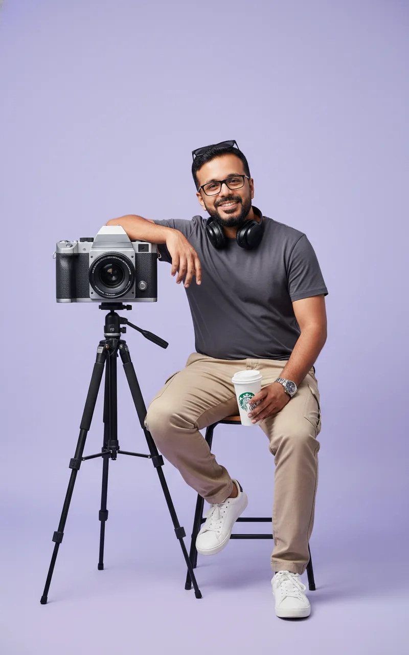 Rohit Malieckal seated beside a camera and tripod.