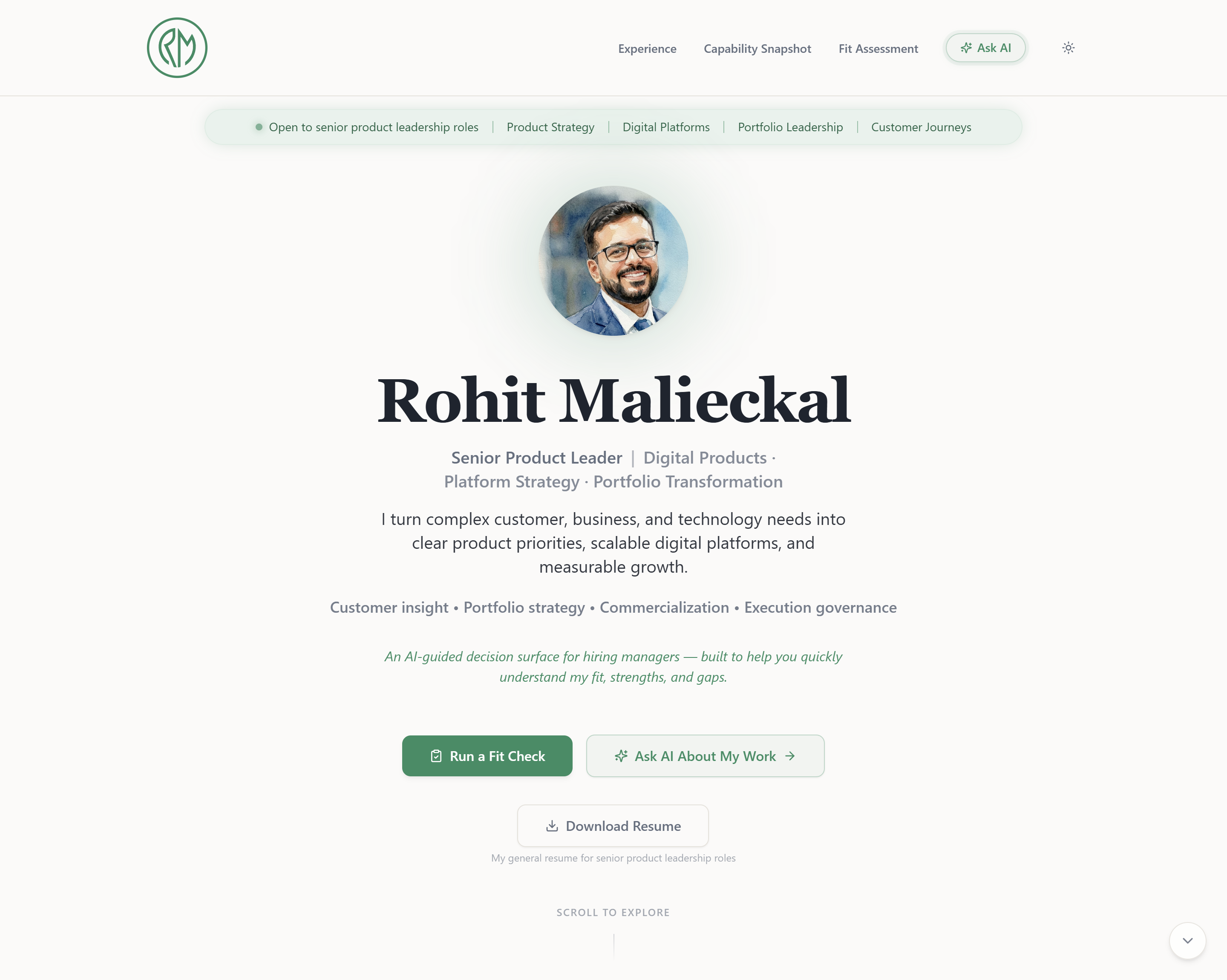 Rohit’s AI Navigator live product interface showing its AI-enabled role-fit assessment entry experience