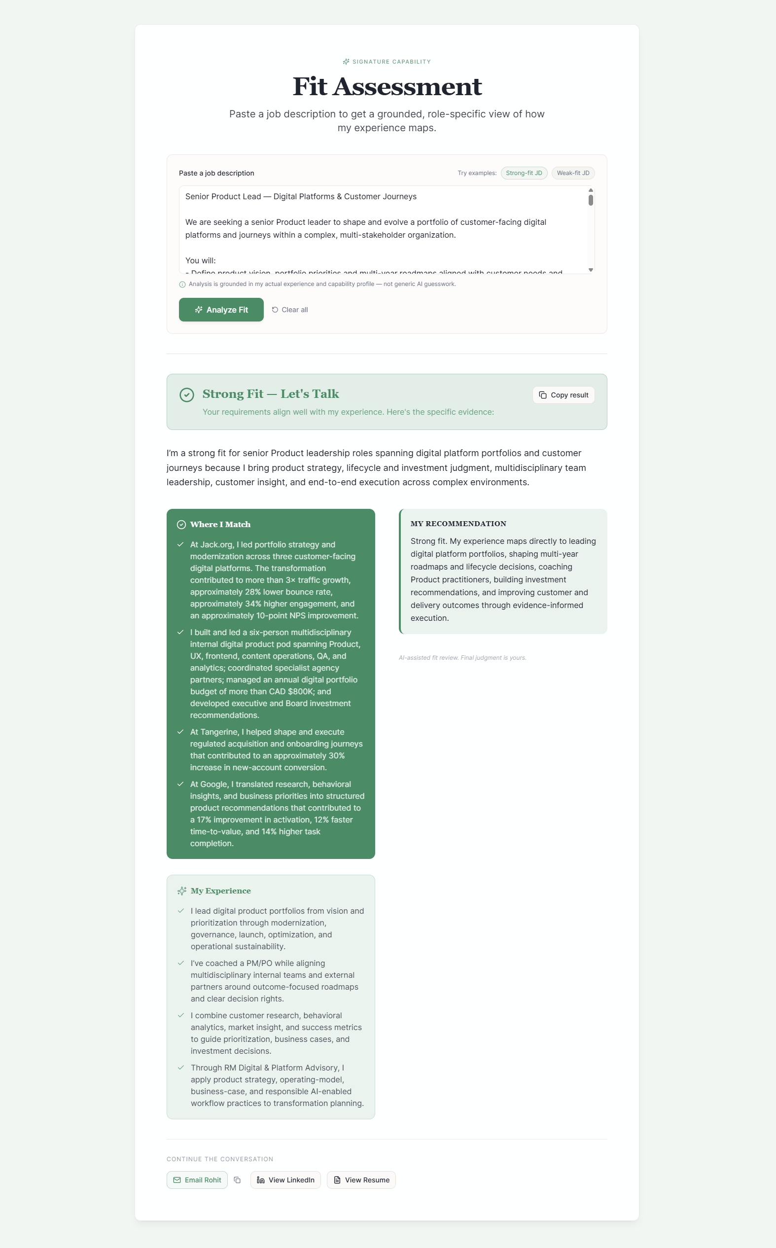Rohit’s AI Navigator Strong Fit assessment showing role context, supporting evidence, recommendation and human-decision boundary
